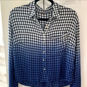 Free People Ombre Blue Gingham Check Plaid Cropped Top button down